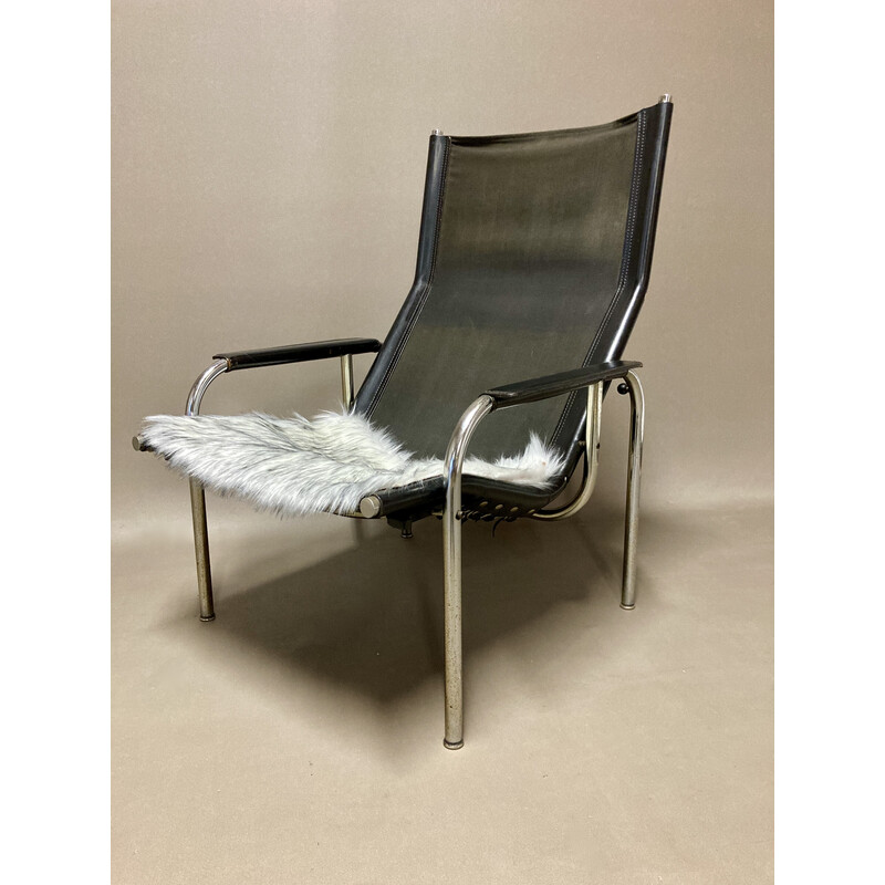 Pair of vintage relax reclining armchairs in chrome steel and black leather, 1960