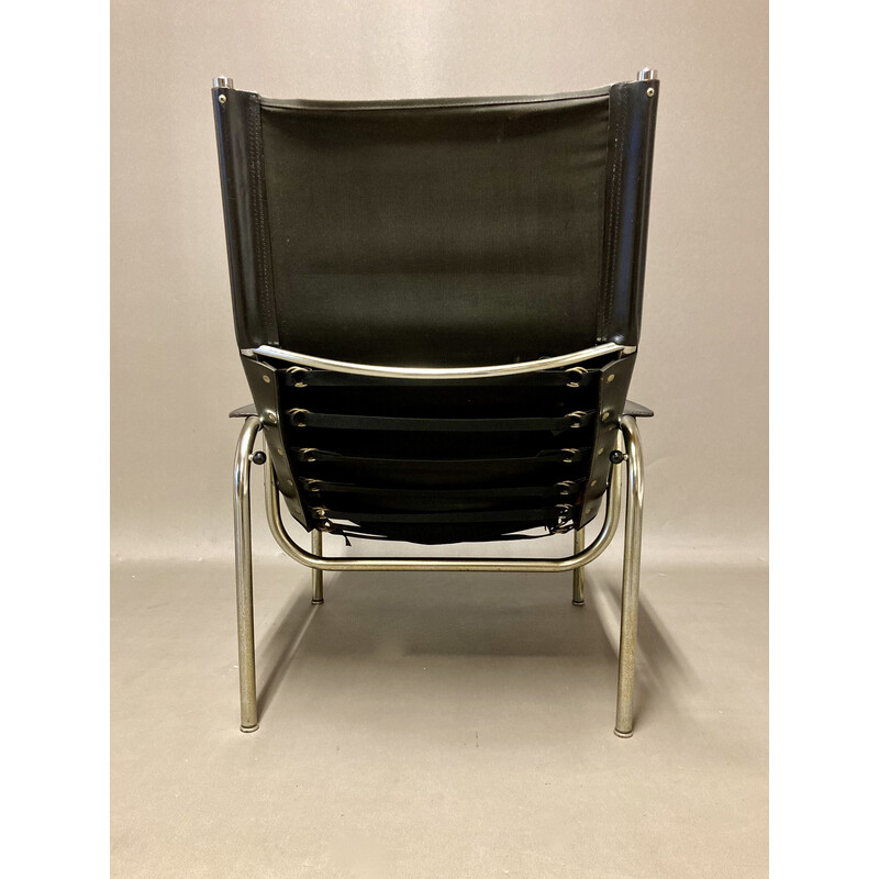 Paire de fauteuils vintage relax inclinable en acier chromé et cuir noir, 1960