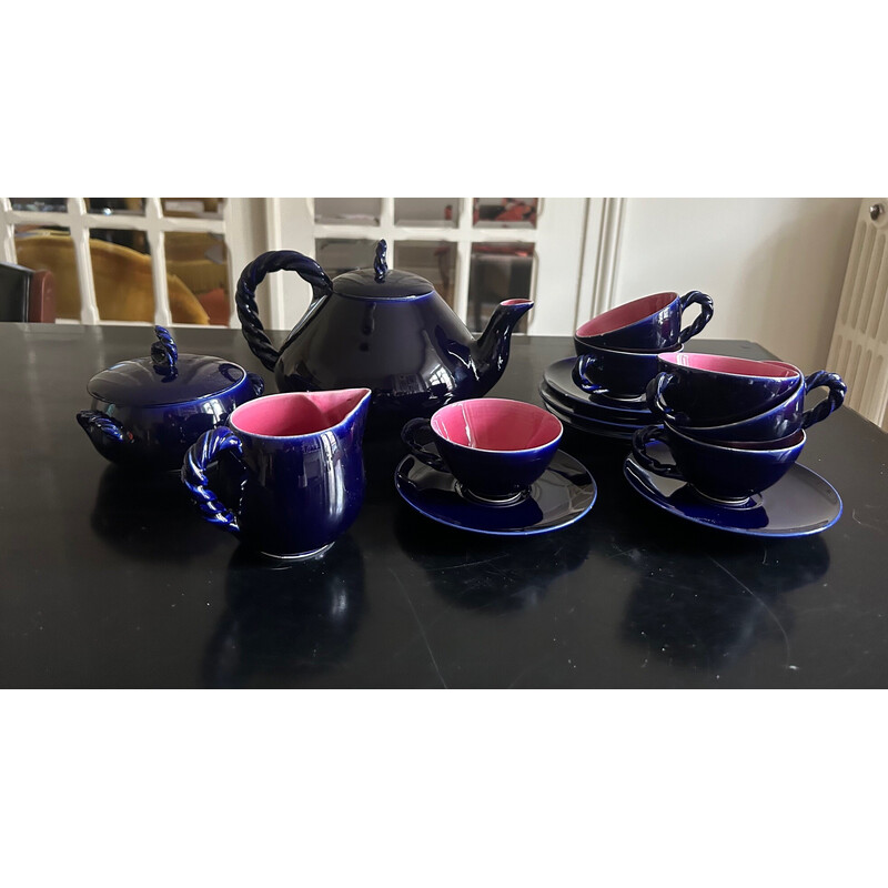 Service à thé vintage en céramique émaillée bleu pour Ceramony Vallauris, 1950