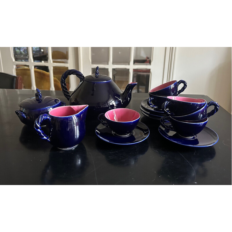 Servicio de té vintage de cerámica esmaltada en azul para Ceramony Vallauris, años 50