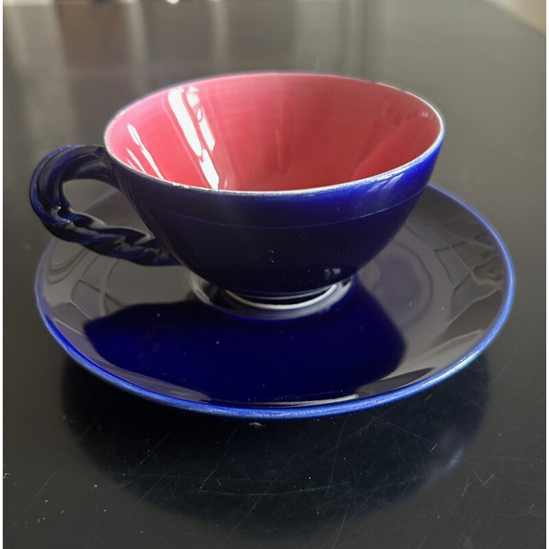 Vintage blue glazed ceramic tea service for Ceramony Vallauris, 1950