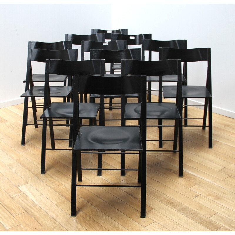 Set of 12 vintage folding chairs in black stained metal and black wood