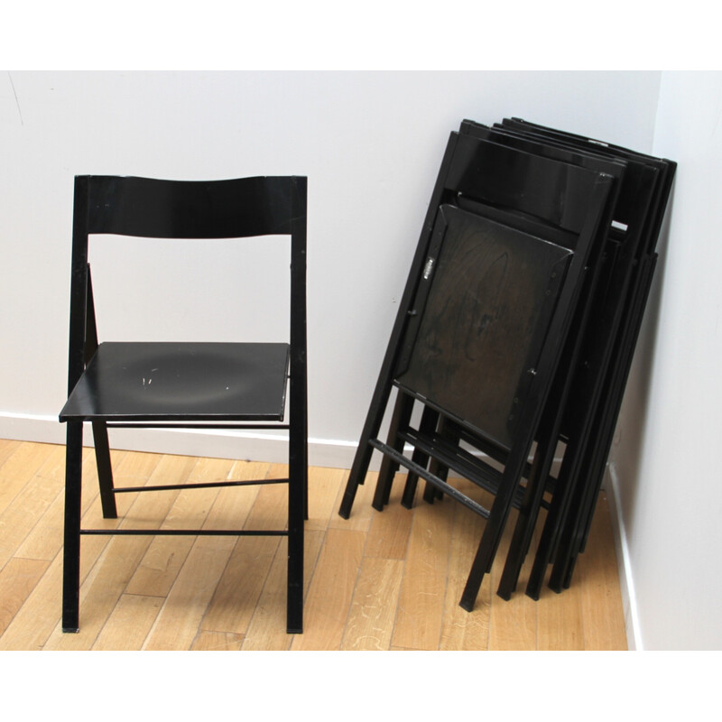 Ensemble de 12 chaises vintage pliantes en métal teinté noir et bois noir