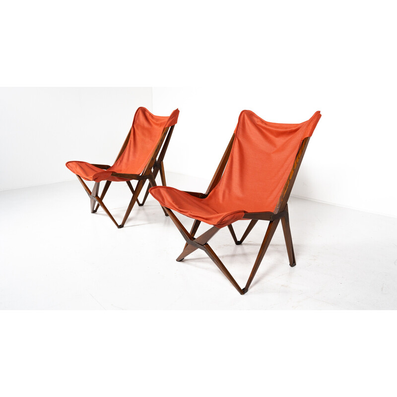 Pair of vintage red Tripolina folding chairs by Joseph B. Fenby