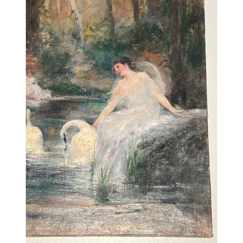 Tableau vintage "La Femme au Cygne" de Luis Sánchez de La Peña, Espagne 1914