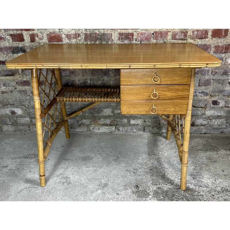 Vintage oak veneer and rattan desk by Louis Sognot, 1950