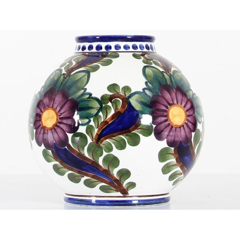 vase rond scandinave vintage en ceramique à motifs floraux par Harald  Slott-Moeller pour Aluminia, 1930