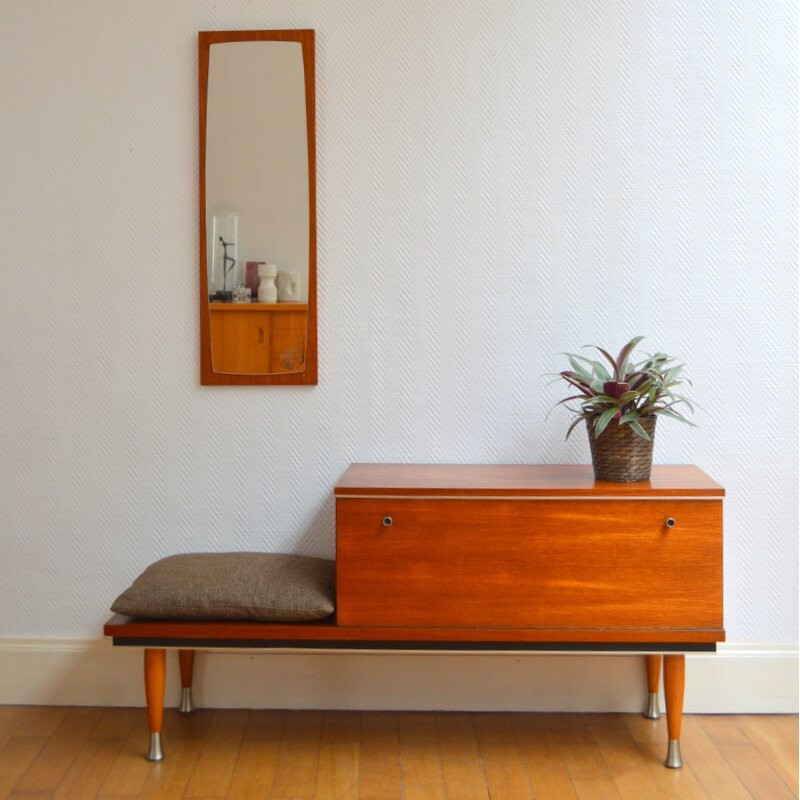 Petit meuble d'appoint en bois avec miroir - 1960