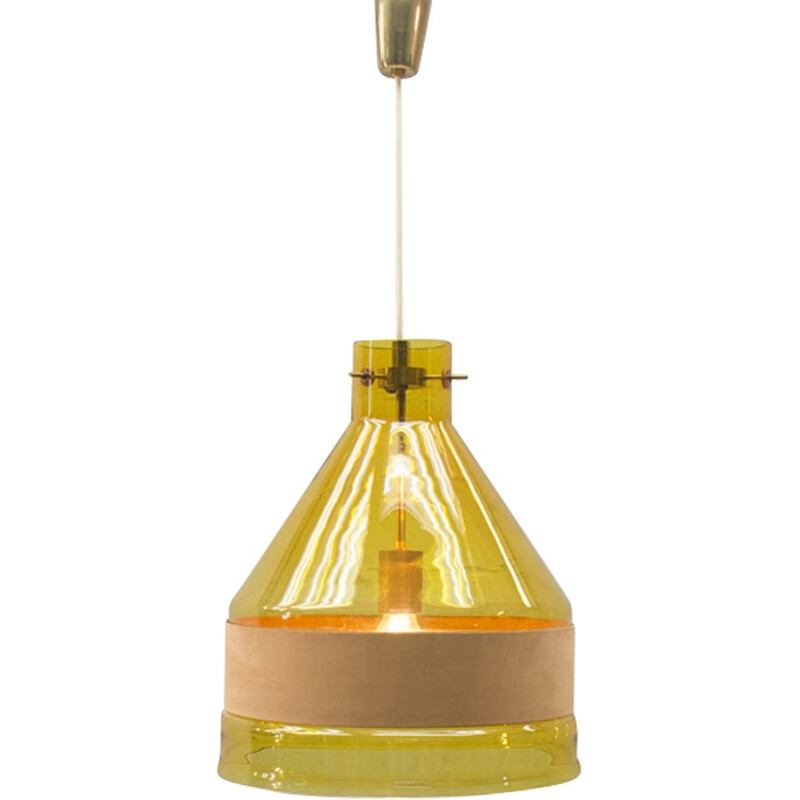 geel glas leren riem hanglamp, Kalmar 1950