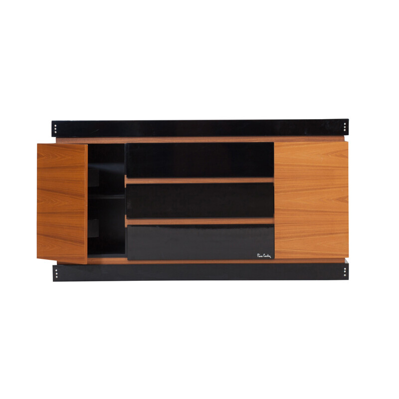 Meuble de rangement à tiroirs vintage en bois laqué noir et en teck de  Pierre Cardin,