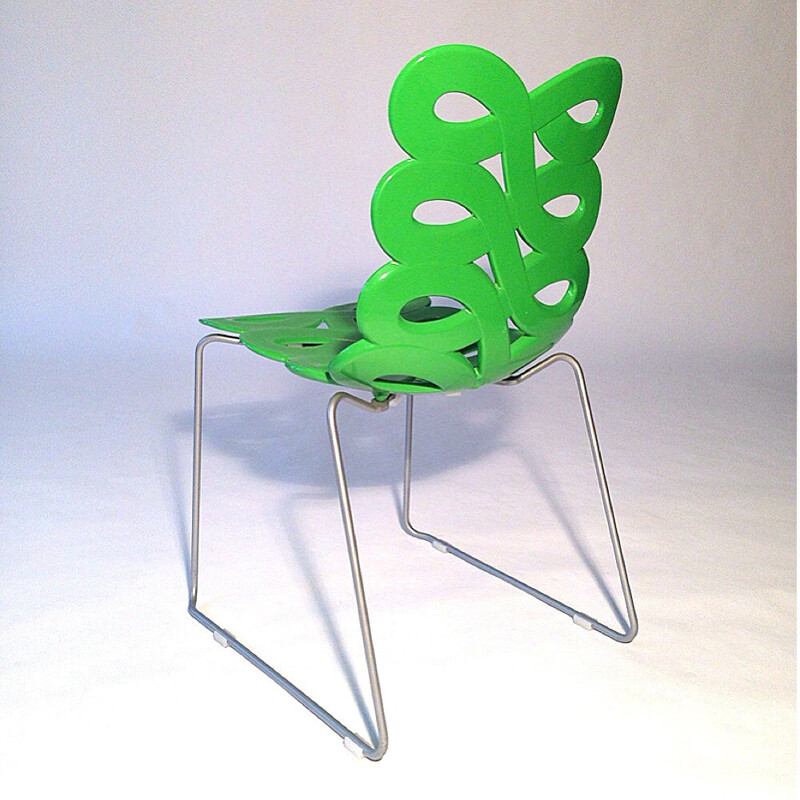 Set of 6 "Diva" green chairs in plastic and chromed metal, Gino CAROLLO -  1990s