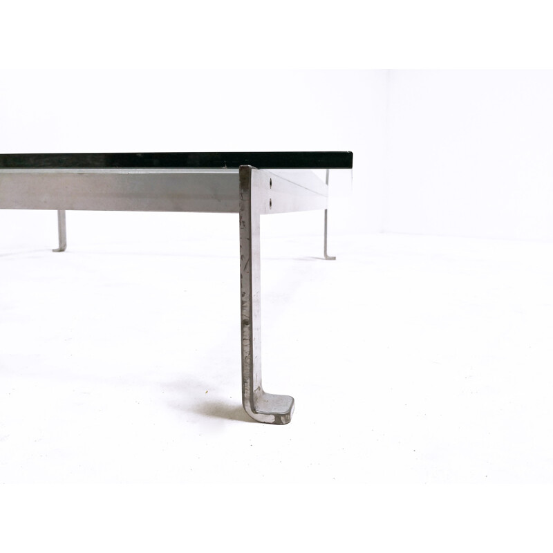 Table basse vintage en chrome mat et verre - 1970