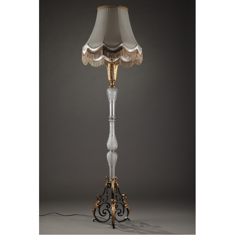 Vintage tripod floor lamp in wrought iron and crystal - 1950s