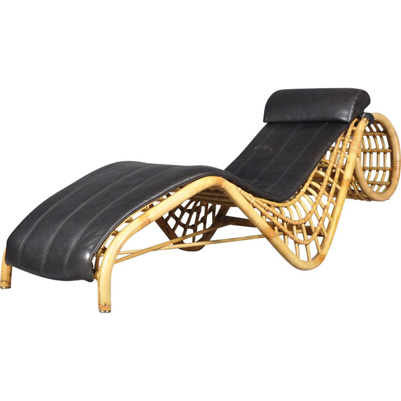 Vintage French Leather And Bamboo Chaise Lounge