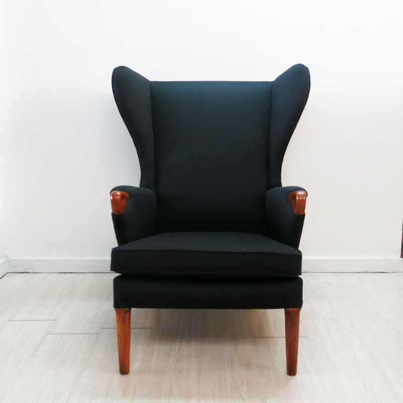 Black Wingback armchair in teak and fabric - 1960s