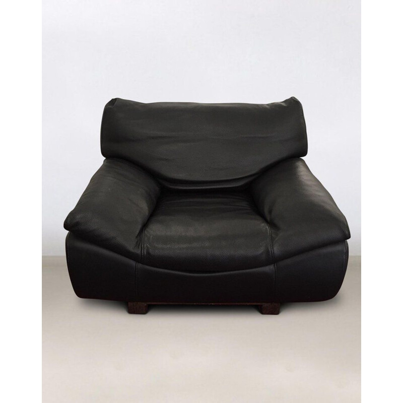Canapé et 2 fauteuils lounge vintage, ensemble de salon Roche Bobois, cuir  noir