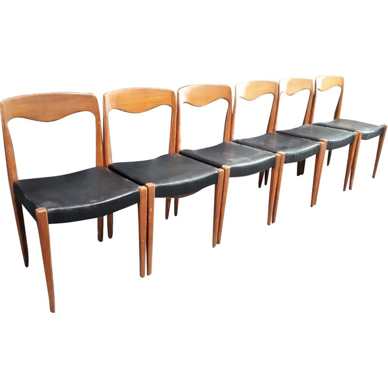 Conjunto de 6 cadeiras de jantar em estilo escandinavo, couro preto e teca,  1960