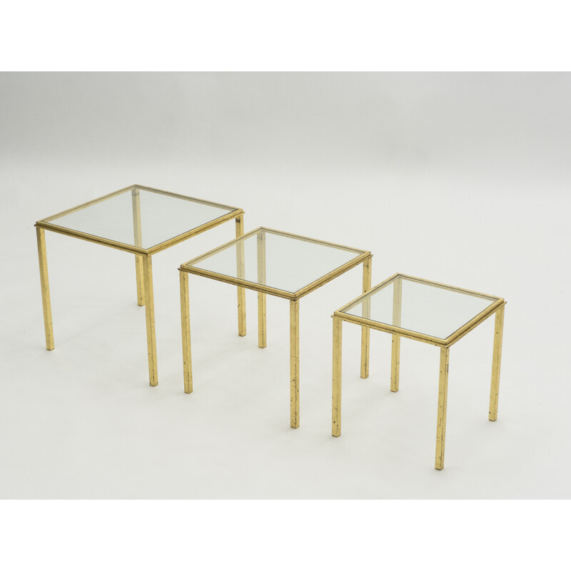 Tables gigognes vintage en fer forgé doré à la feuille d'or par Robert  Thibier 1960s