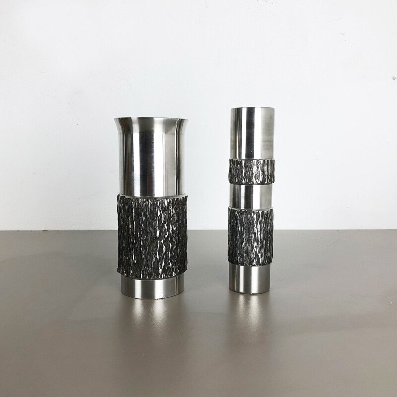 Pair of vintage brutalist steel vases, Germany 1970