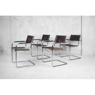 Ensemble de 4 fauteuils vintage Bauhaus Italien Mg5 en acier tubulaire et  cuir patiné par Matteo