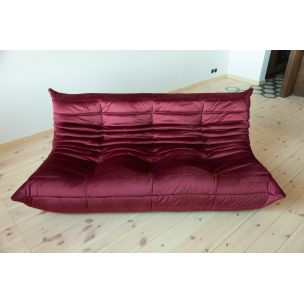 Red Leather Togo 3 Seater Sofa by Ligne Roset, 1980s