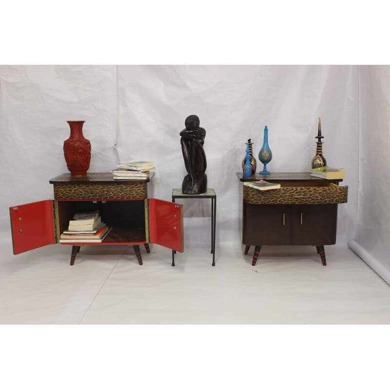 Par de mesas de cabeceira vintage com capa impressa, 1950-1960