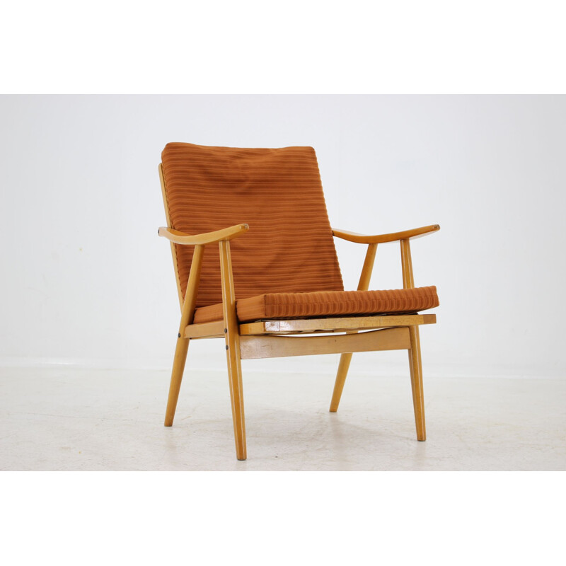 Vintage armchair in wood and orange fabric for Ton, Czechoslovakia 1970