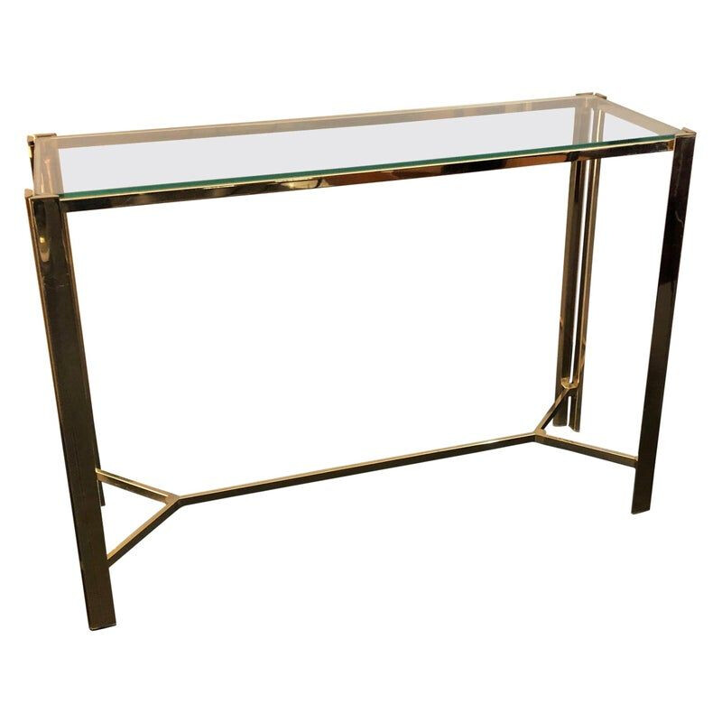 Table console vintage en métal doré et verre Italie 1960