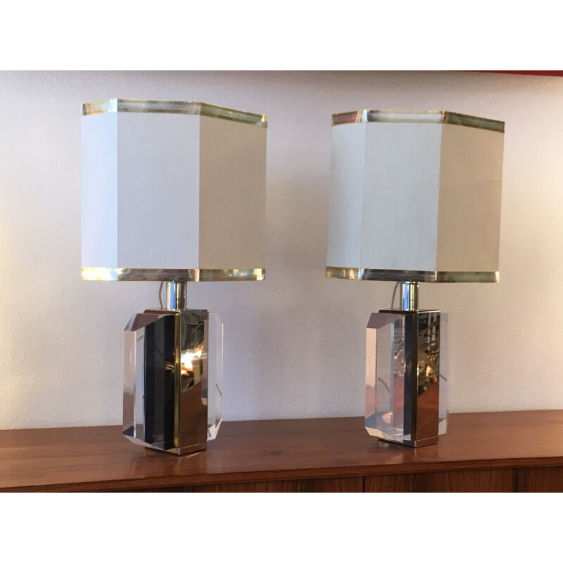 Paire de lampe vintage en plexiglas, chrome et laiton 1970