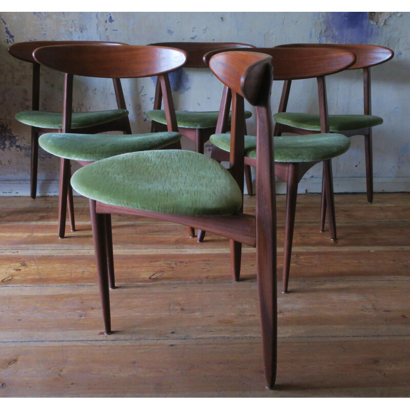 Ensemble de 6 chaises à repas vintage 3-pieds en teck, Danemark, 1960